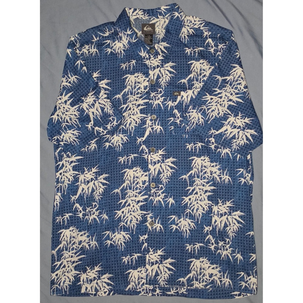 Vintage Quiksilver Men's Large Hawaiian Camp Shirt Blue Bamboo Print Summer Surf